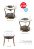 This smart design changes from a baby activity center to a toddler play table to a kid's table. Wooden design disassembles easily and stows neatly away until next time. This furniture piece is a beautiful addition to any modern nursery. Toys can be purchased to keep your little one entertained!