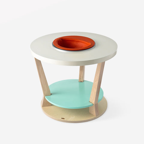 Bobbin with orange seat and aqua shelf